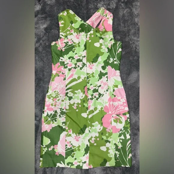 TALBOTS Cross Front Sleeveless Floral Linen Dress in Green & Pink Size 8 - Picture 3 of 6
